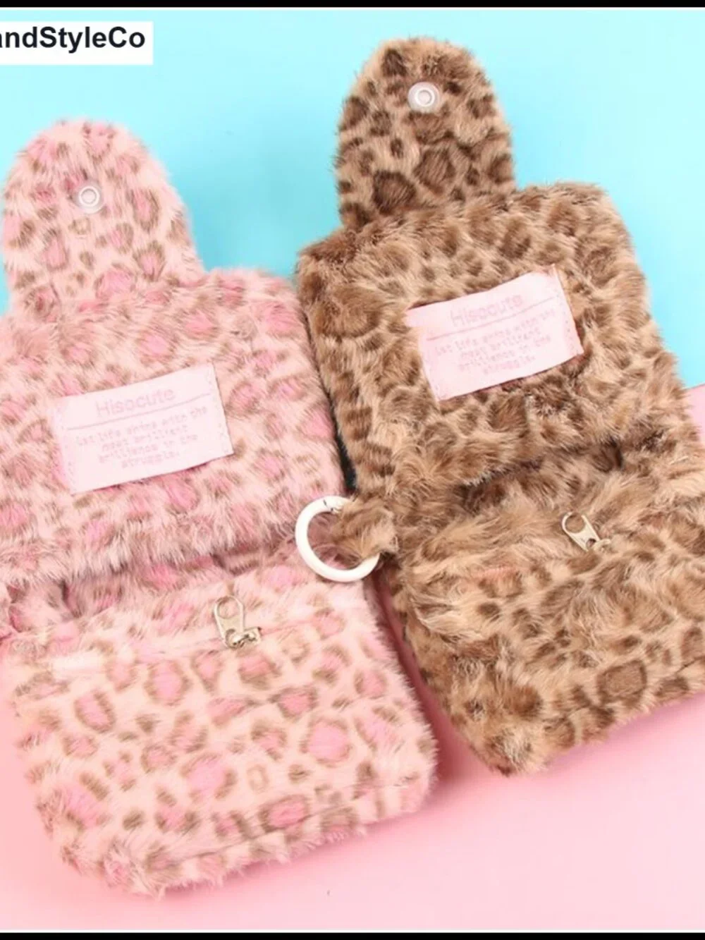 2pc Plush Wallets Leopard & Stripe with Snap Coin Pocket for Cash, Cards & Keys